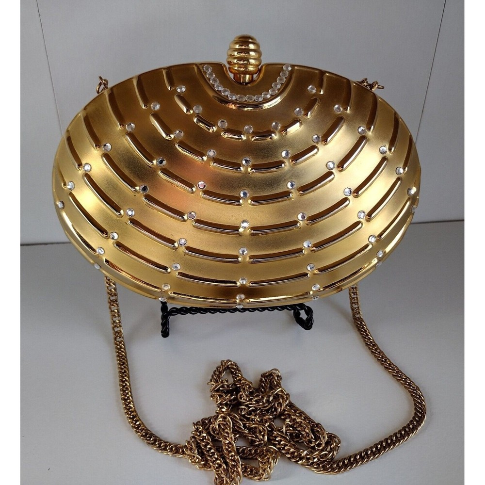 Gold Metal Clam Shell Clutch Handbag Vintage 80's Crossbody Bag Purse